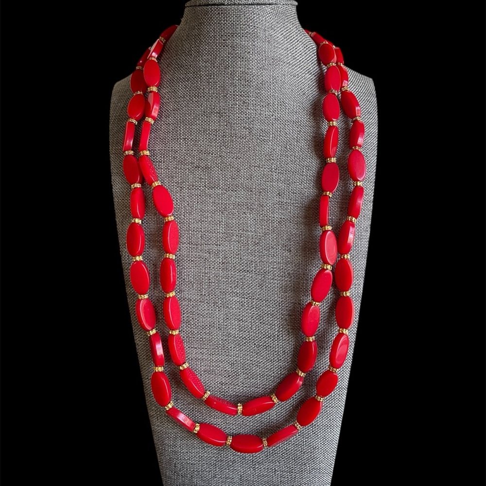 Vintage 1960s Bright Red Acrylic Oblong Bead Necklace Double Strand J Clasp